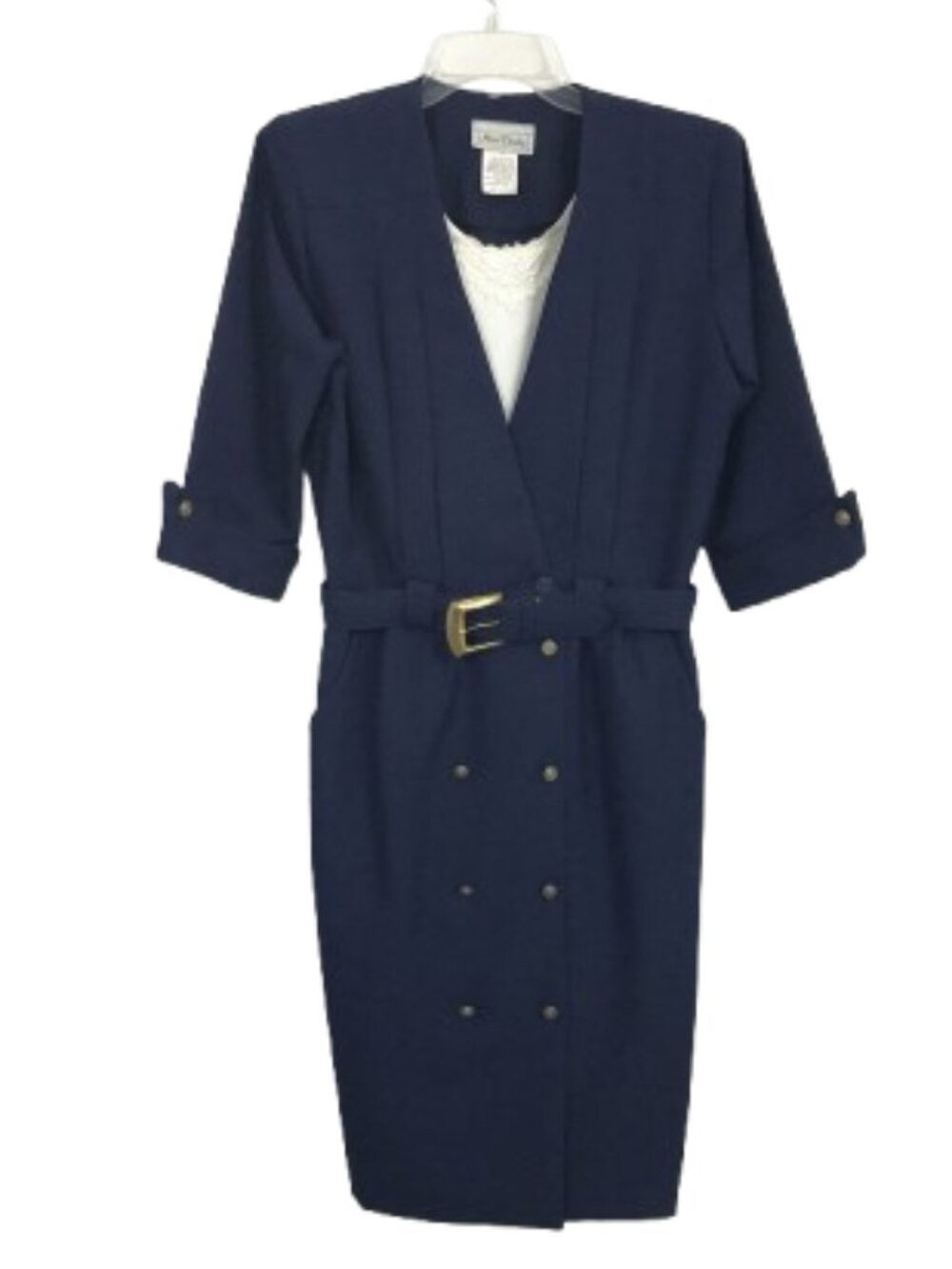 Vintage Navy Blue Sailor Style Sheath Dress Button Front Belted Lace Neck 14P